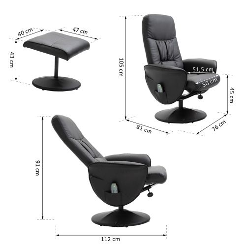Fauteuil Relax TV Massant Avec Repose-pieds - Revêtement En Similicuir - Noir
