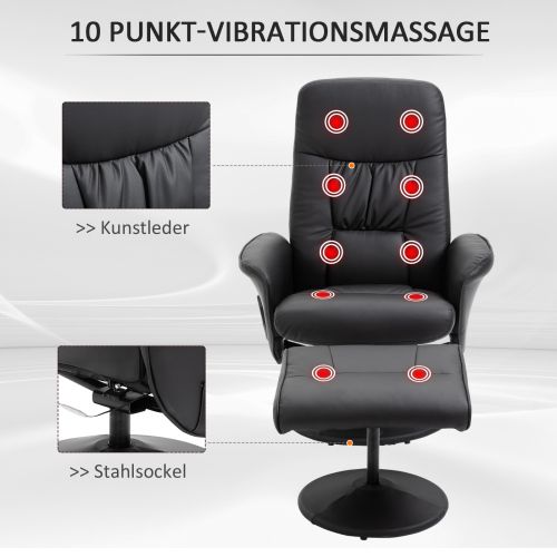 Fauteuil Relax TV Massant Avec Repose-pieds - Revêtement En Similicuir - Noir