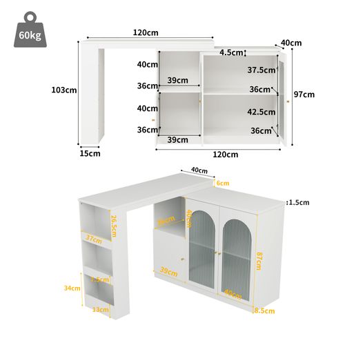 Table De Bar  Rotative à 360° 120x40 X97cm Avec Espace De Rangement, 2 Porte Vitrée, Mdf, Blanc