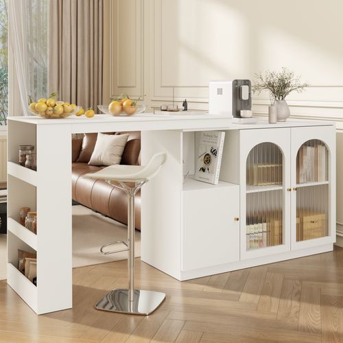 Table De Bar  Rotative à 360° 120x40 X97cm Avec Espace De Rangement, 2 Porte Vitrée, Mdf, Blanc