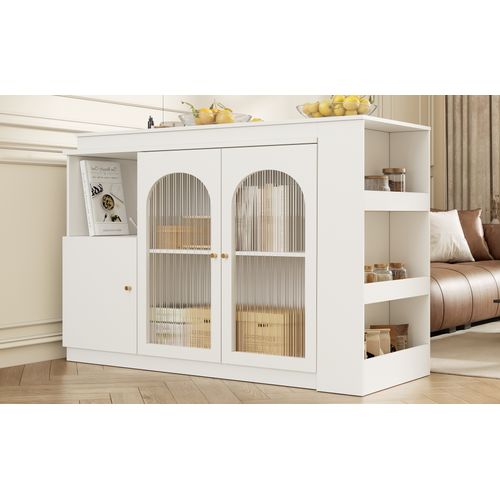 Table De Bar  Rotative à 360° 120x40 X97cm Avec Espace De Rangement, 2 Porte Vitrée, Mdf, Blanc