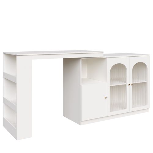 Table De Bar  Rotative à 360° 120x40 X97cm Avec Espace De Rangement, 2 Porte Vitrée, Mdf, Blanc