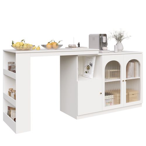 Table De Bar  Rotative à 360° 120x40 X97cm Avec Espace De Rangement, 2 Porte Vitrée, Mdf, Blanc