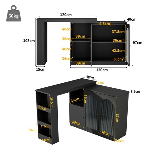 Table De Bar  Rotative à 360° 120x40 X97cm Avec Espace De Rangement, 2 Porte Vitrée, Mdf, Noir