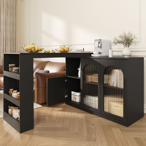 Table De Bar  Rotative à 360° 120x40 X97cm Avec Espace De Rangement, 2 Porte Vitrée, Mdf, Noir