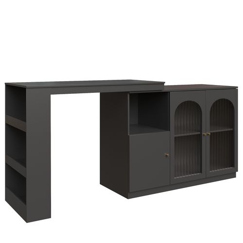 Table De Bar  Rotative à 360° 120x40 X97cm Avec Espace De Rangement, 2 Porte Vitrée, Mdf, Noir