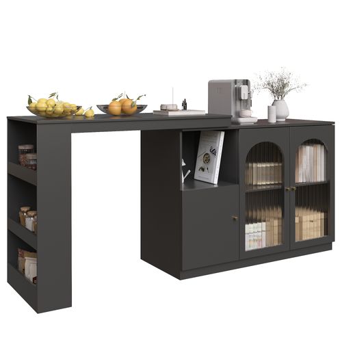 Table De Bar  Rotative à 360° 120x40 X97cm Avec Espace De Rangement, 2 Porte Vitrée, Mdf, Noir