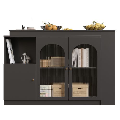 Table De Bar  Rotative à 360° 120x40 X97cm Avec Espace De Rangement, 2 Porte Vitrée, Mdf, Noir