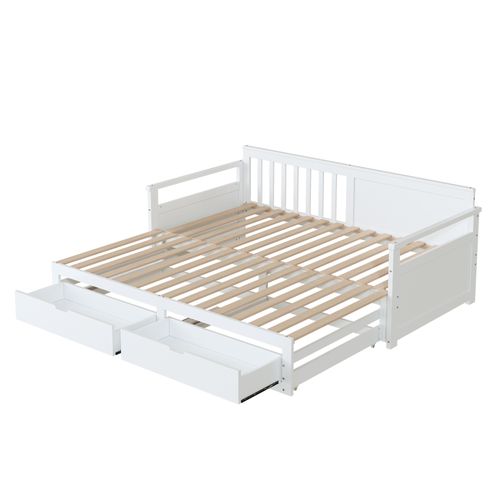 Lit Gigogne 90 (180) X 190 Cm, Lit De Repos En Pin, Avec 2 Tiroirs , Blanc