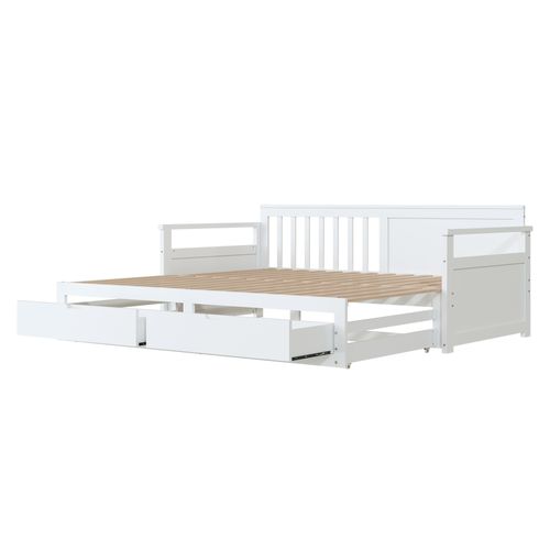 Lit Gigogne 90 (180) X 190 Cm, Lit De Repos En Pin, Avec 2 Tiroirs , Blanc