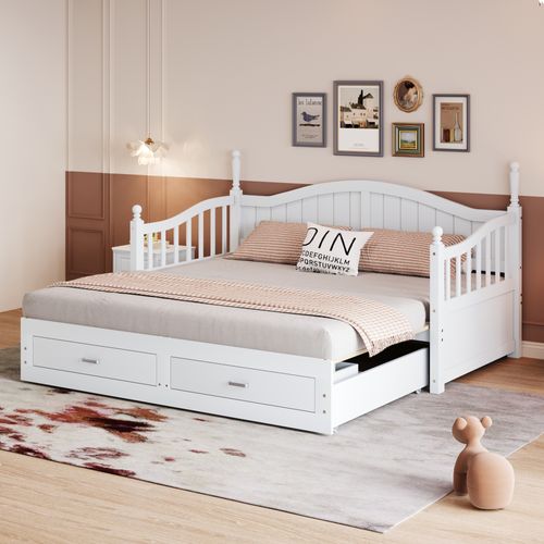 Lit Gigogne 90/180 X 190cm, Lit De Repos En Pin, Design Colonnes Romaines, 2 Tiroirs, Blanc