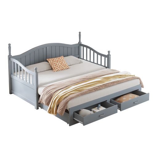 Lit Gigogne 90/180 X 190cm, Lit De Repos En Pin, Design Colonnes Romaines, 2 Tiroirs, Gris