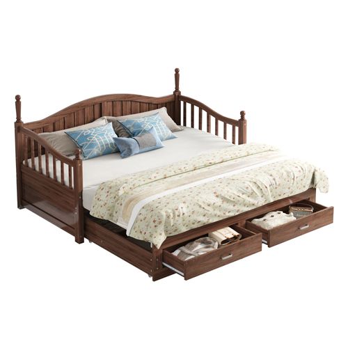 Lit Gigogne 90/180 X 190cm, Lit De Repos En Pin, Design Colonnes Romaines, 2 Tiroirs, Couleur Noyer