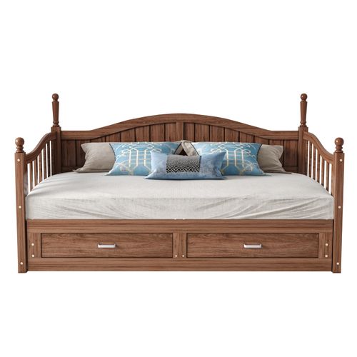 Lit Gigogne 90/180 X 190cm, Lit De Repos En Pin, Design Colonnes Romaines, 2 Tiroirs, Couleur Noyer