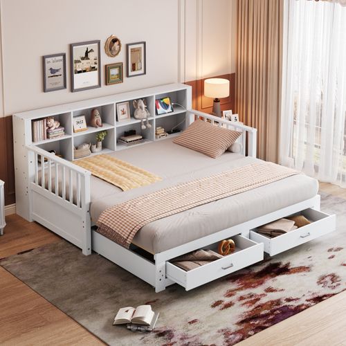 Lit Gigogne 90/180x190 Cm, Avec Prise De Charge, Compartiments De Rangement, 2 Tiroirs, Blanc