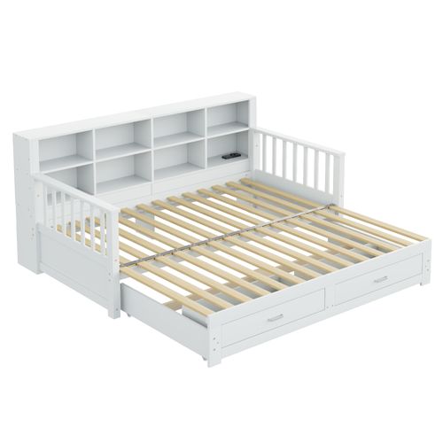 Lit Gigogne 90/180x190 Cm, Avec Prise De Charge, Compartiments De Rangement, 2 Tiroirs, Blanc