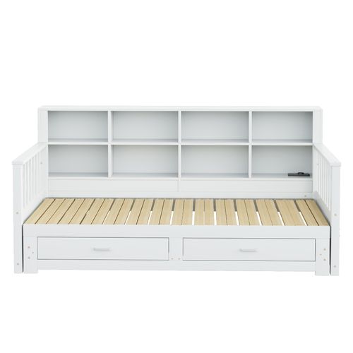 Lit Gigogne 90/180x190 Cm, Avec Prise De Charge, Compartiments De Rangement, 2 Tiroirs, Blanc