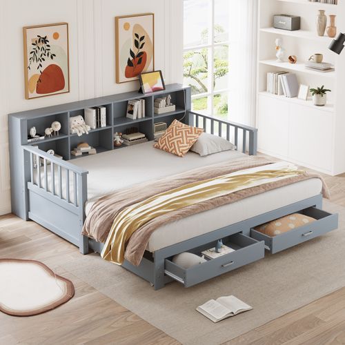 Lit Gigogne 90/180x190 Cm, Avec Prise De Charge, Compartiments De Rangement, 2 Tiroirs, Gris