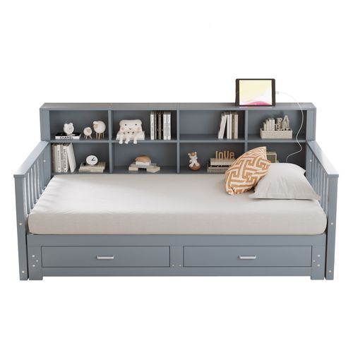 Lit Gigogne 90/180x190 Cm, Avec Prise De Charge, Compartiments De Rangement, 2 Tiroirs, Gris