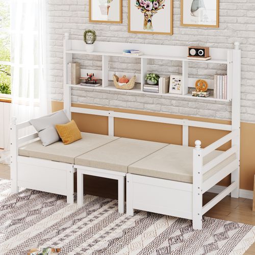 Lit Enfant Lit Simple 90x200cm, Canapé-lit En Bois, Avec Bureau, Étagère De Rangement, Blanc