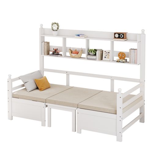 Lit Enfant Lit Simple 90x200cm, Canapé-lit En Bois, Avec Bureau, Étagère De Rangement, Blanc