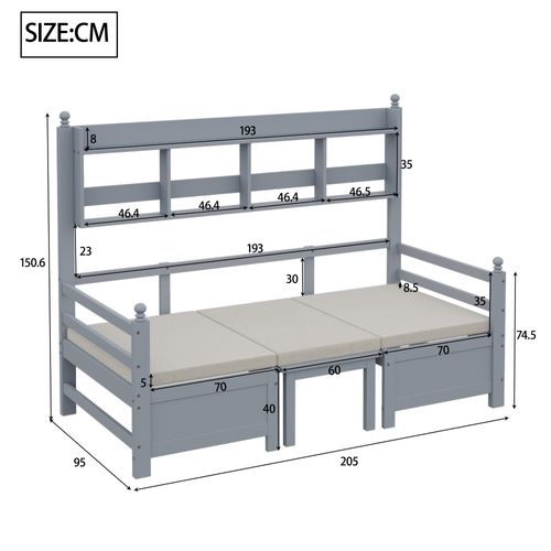 Lit Enfant Lit Simple 90x200cm, Canapé-lit En Bois, Avec Bureau, Étagère De Rangement, Gris