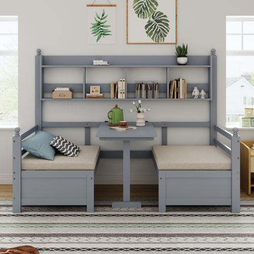 Lit Enfant Lit Simple 90x200cm, Canapé-lit En Bois, Avec Bureau, Étagère De Rangement, Gris