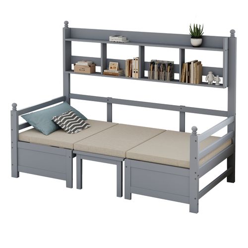 Lit Enfant Lit Simple 90x200cm, Canapé-lit En Bois, Avec Bureau, Étagère De Rangement, Gris