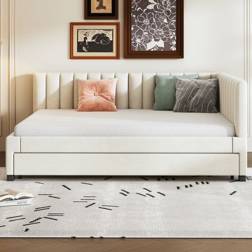 Lit Double 140x200cm, Lit Gigogne 90x190cm, Avec Sommier à Lattes, Lits Jeunes, Velours Beige