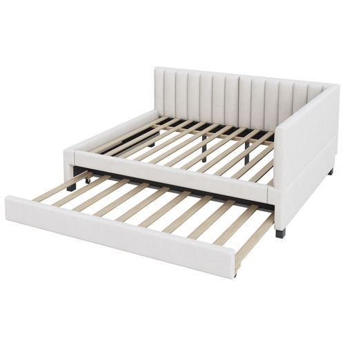 Lit Double 140x200cm, Lit Gigogne 90x190cm, Avec Sommier à Lattes, Lits Jeunes, Velours Beige