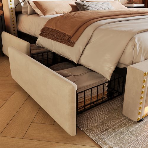 Lit Adulte+ 4 Tiroirs, 180×200cm, Éclairage LED, Prises, Velours - Beige