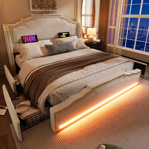 Lit Adulte+ 4 Tiroirs, 180×200cm, Éclairage LED, Prises, Velours - Beige