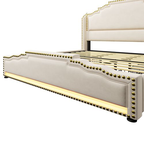 Lit Adulte+ 4 Tiroirs, 180×200cm, Éclairage LED, Prises, Velours - Beige