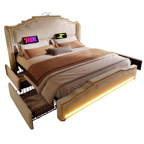 Lit Adulte+ 4 Tiroirs, 180×200cm, Éclairage LED, Prises, Velours - Beige
