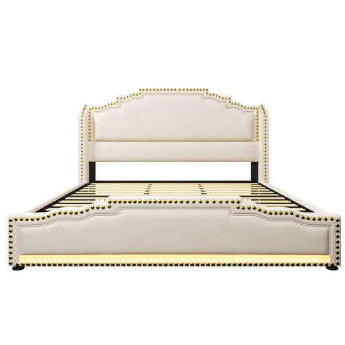 Lit Adulte+ 4 Tiroirs, 180×200cm, Éclairage LED, Prises, Velours - Beige