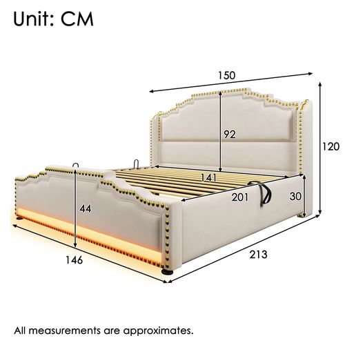 Lit Coffre 140x200 Cm Double Avec Grand Rangement, Éclairage LED, Prises, Velours, Beige