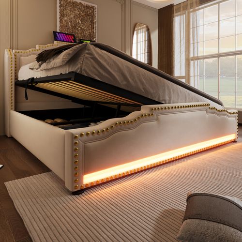 Lit Coffre 140x200 Cm Double Avec Grand Rangement, Éclairage LED, Prises, Velours, Beige