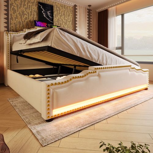Lit Coffre 160x200 Double Avec Grand Rangement, Éclairage LED, Prises, Velours, Beige