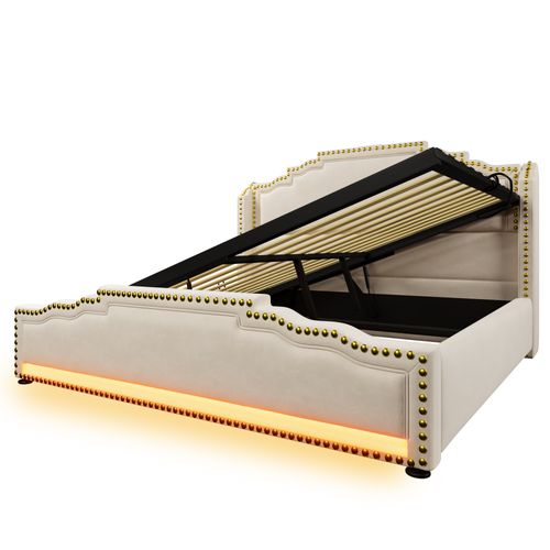 Lit Coffre 160x200 Double Avec Grand Rangement, Éclairage LED, Prises, Velours, Beige