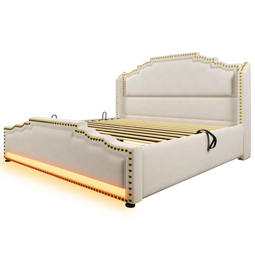 Lit Coffre 160x200 Double Avec Grand Rangement, Éclairage LED, Prises, Velours, Beige