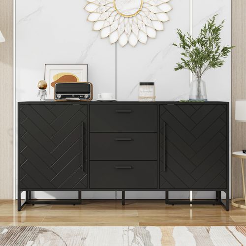 Buffet Salon Noir 145x40x75cm, 2 Portes 3 Tiroirs