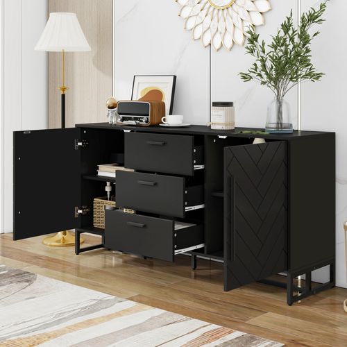 Buffet Salon Noir 145x40x75cm, 2 Portes 3 Tiroirs