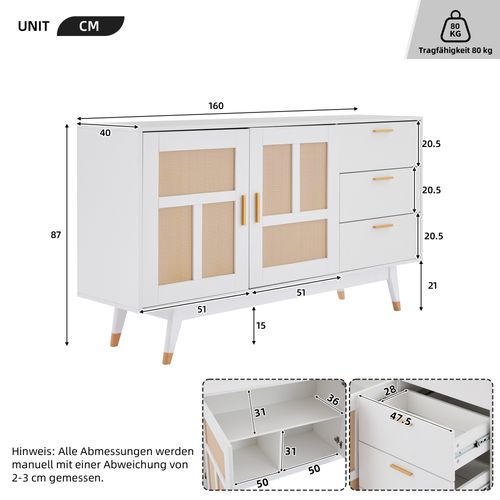 Buffet Rotin Blanc 160x40x87cm, 2 Portes 3 Tiroirs Salon