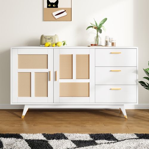 Buffet Rotin Blanc 160x40x87cm, 2 Portes 3 Tiroirs Salon