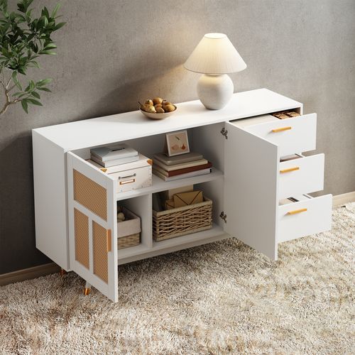Buffet Rotin Blanc 160x40x87cm, 2 Portes 3 Tiroirs Salon