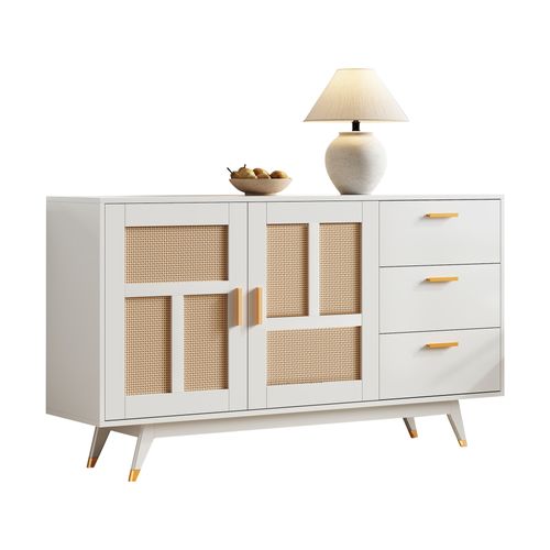 Buffet Rotin Blanc 160x40x87cm, 2 Portes 3 Tiroirs Salon