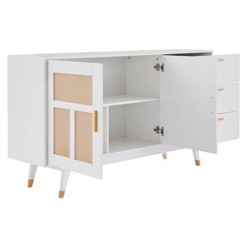 Buffet Rotin Blanc 160x40x87cm, 2 Portes 3 Tiroirs Salon