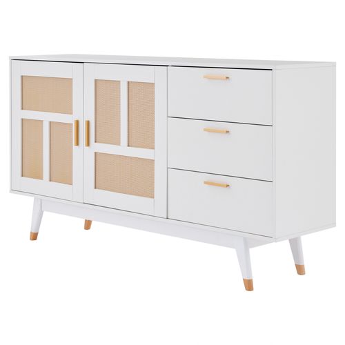Buffet Rotin Blanc 160x40x87cm, 2 Portes 3 Tiroirs Salon