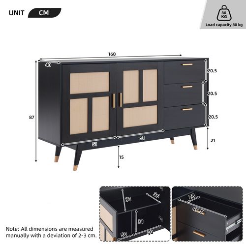 Buffet Rotin Noir 160x40x87cm, 2 Portes 3 Tiroirs Design