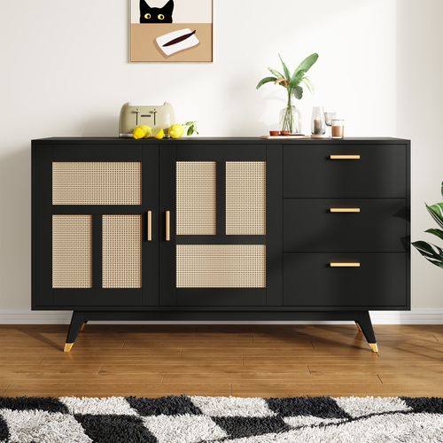 Buffet Rotin Noir 160x40x87cm, 2 Portes 3 Tiroirs Design